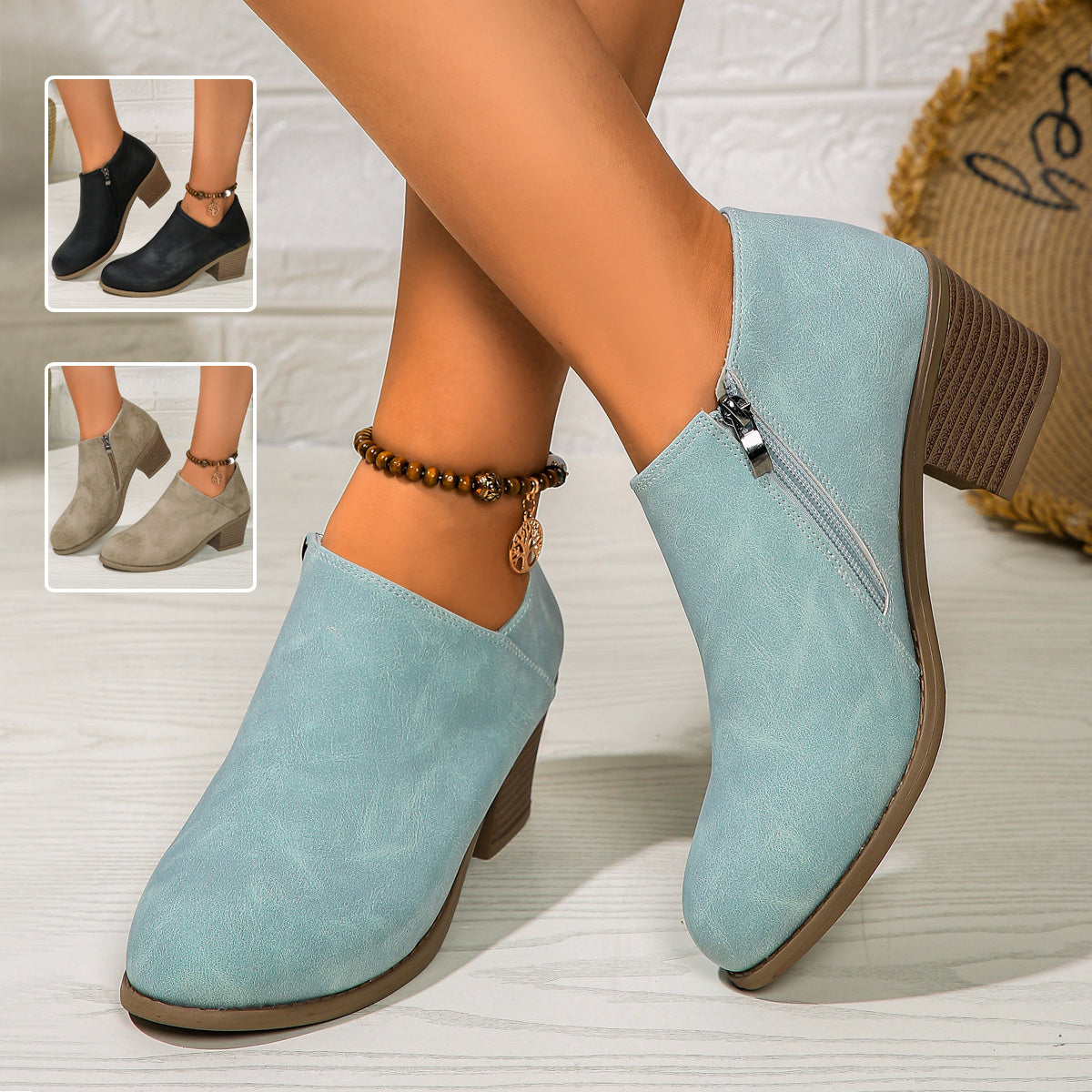 Women’s Chunky Heel Side Zipper Ankle Boots